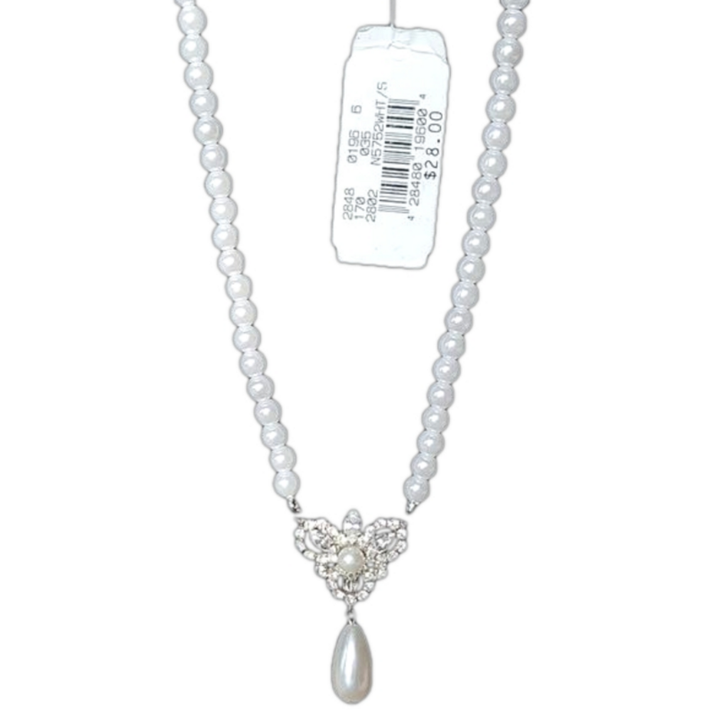 Silver Tone Faux Pearl Rhinestone Pendant Necklace 14.5” Vintage Style Bridal